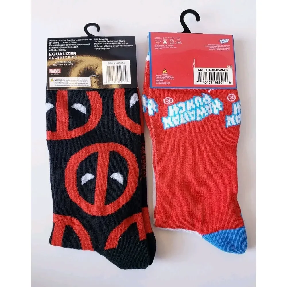 4 Mens Novelty Socks M&M's Hawaiian Punch Deadpool Monopoly Crew Socks Size 6-12